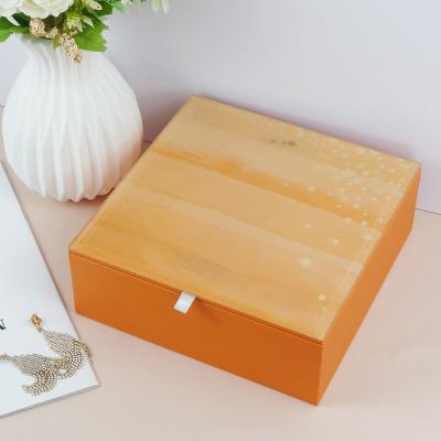 China Recycled Glass Jewelry Box Mooncake Materials Gift Box Pu Leather Wooden Box With Glass Luxury for sale