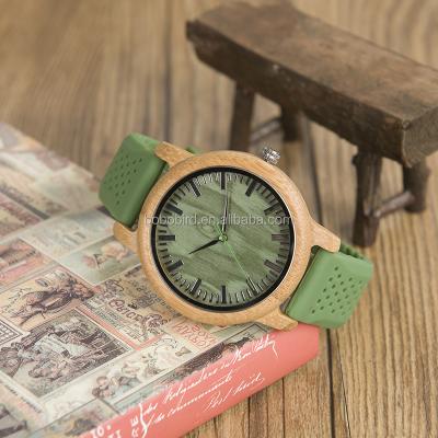 China Non-Specific BOBO BIRD Green Bamboo Wood Watches Men With Silicone Straps Japan Quartz Movement Watch Custom Logo for sale