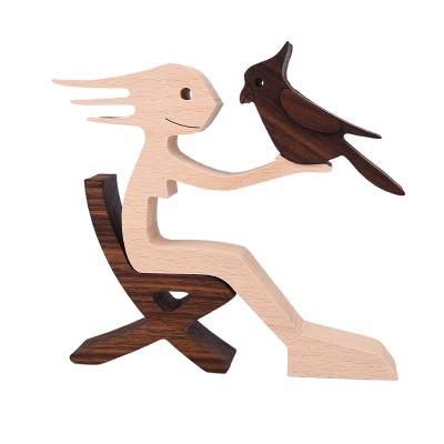 China Europe Wooden Parrota Handmade Carving Ornaments Wooden People Table Ornament Family Puppy Home Decor Birthday Gift Big Dropshipping for sale