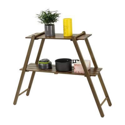 China Outdoor Furniture Wooden Double Layer Easy Carrying Folding Rack Standing Camping Wood Display Shelf for sale