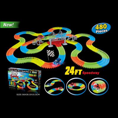 China Toy Hot Selling 480pcs Electric Slot Glow In The Dark Magic Rail Car Racing DIY Miniature Racing Car Toy for sale