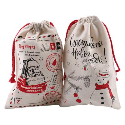 China Custom Printed Organic Recycled Christmas Cotton Canvas Cloth Bag Christmas Drawstring Bag Cloth Eco Friendly Small Packaging Bags for sale