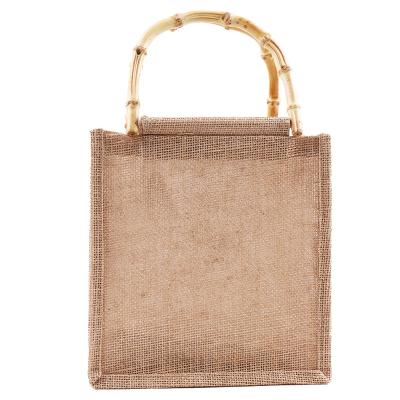 China PORTABLE Eco Hot Selling Market Customized Bamboo Handle Membrane Jute Burlap Fabric Waterproof Inner Shopping Bag Tote Shopping Bag for sale