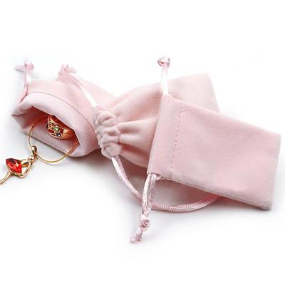 China Small Pink Velvet Jewelry Pouch Bag Rectangle “Jewelery” Drawstring Fabric Packaging Custom Printed Eco-Friendly Small Pink Velvet Jewelry Pouch Bag For Gift for sale