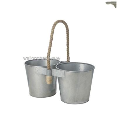 China Eco-friendly Vintage Style Double Metal Bucket Planter With Rope Handles Garden Herbs Pot Tray for sale