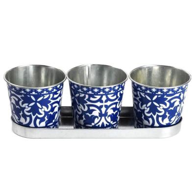 China Eco-friendly Full Design 3 Set Printing Flower Pot Planters Herb Pots With Tray Flower Pot Galvanized Metal Garden Decoration for sale