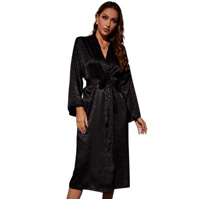 China Simple black thin style cardigan pajamas home QUICK DRY sexy women's nightgown long sleeve lace up morning robe ice silk bathrobe for sale