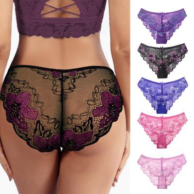 China Antibacterial Custom Logo Lace Trim Low Rise Briefs Embroidery Women Panties for sale