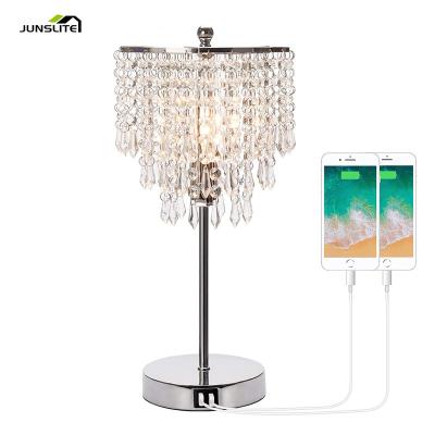 China 3 Way Bedroom Dimmable Decorative Elegant Crystal Bedside Chandelier Table Lamp Crystal Drop Table Lamp for sale