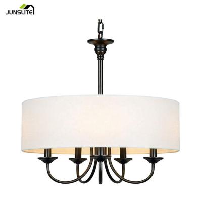 China Farmhouse 5-Light Chandelier with White Canvas Fabric Drum Shade Farmhouse Lighting for Foyer Dining Room for sale