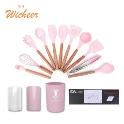 China Sustainable Non-Stick With Wooden Bucket Handle Cooking 12 Pcs Tools Silicone Kitchen Utensil Set for sale