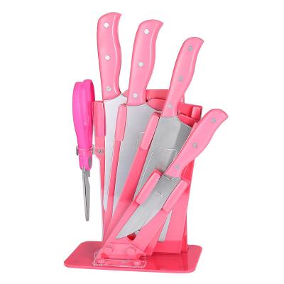 China Sustainable Cheap Sale 6 Pcs Pink Knife Set Stainless Steel Children Fruit Carving Knife Set With Block Holder for sale