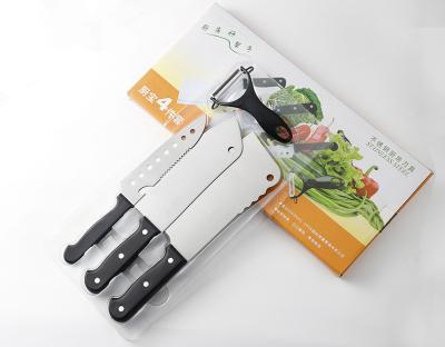 China Viable China 4pcs Knife Set Black Stainless Steel Cleaver Serrated Messer Kitchen Knife Set With Bottle Opener for sale