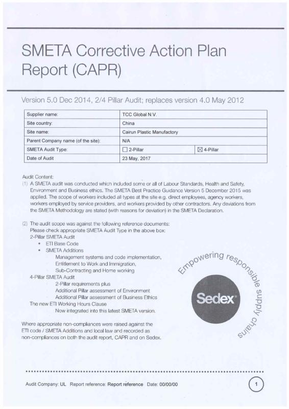 Sedex Report - Cairun Plastic Manufactory