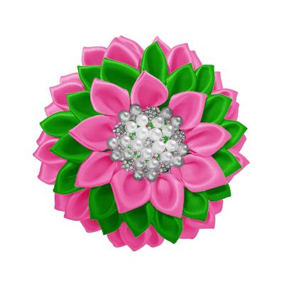 China Custom Made High Quality Handmade Pink and Green Alpha K Satin Ribbon 4 Designs Alpha Satin Ribbon Flower Pin for sale