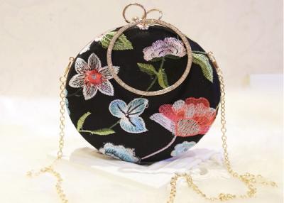 China Ladies Round Shape Black Embroidered Evening Bag With Crystal Handle for sale