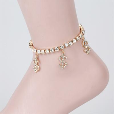 China Diamond Gold Plated Anklet Dollar Sign Western Fashion Style 2021 Dangling Ladies Strand Anklet Chain for sale