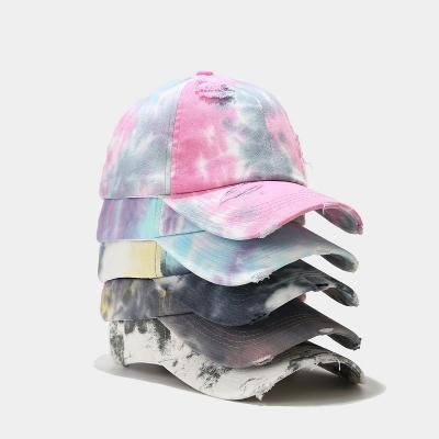 China 2022 COMMON Ripped Tie Dye Baseball Cap Men Women Street Hip Hop Cricket Hat Summer Sun Adjustable Snapback Hat for sale