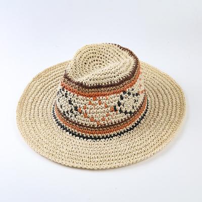 China Foldable Women's Wide Brim Straw Panama Hat Tweed Hand Weave Breathable Foldable Sun Hat Summer UPF50+ for sale