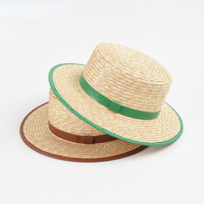 China Women's Fashion Colorblock Straw Sun Boater Hat Ladies Party Vacation Summer Beach Leather Hats for sale