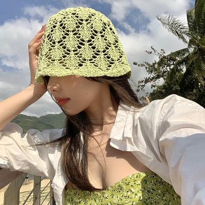 China Fashionable and Breathable Handmade Crochet Beach Sun Hat Korean Short-Brimted Hollow Bucket Hat Women for sale