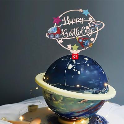 China TX Happy Birthday Outer Space Rocket Acrylic Cake Topper For Kids Galaxy Planet Theme Birthday Party Decorations Viable Supplier for sale