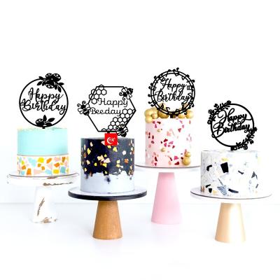 China Custom Made Topprt New Design Acrylic Cake Topper Decoration Happy Birthday Topper TX Gift Black Acrylic Cake Topper for sale