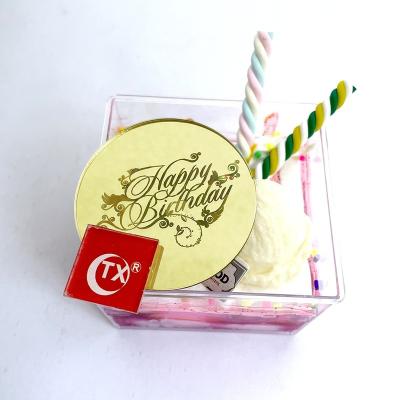 China Acrylic Cake Topper Supplier Happy Birthday Decor Gift Box Dessert Topper Laser Mark Disc For ACRYLIC Charm Cake Cup Cake Topper TX for sale