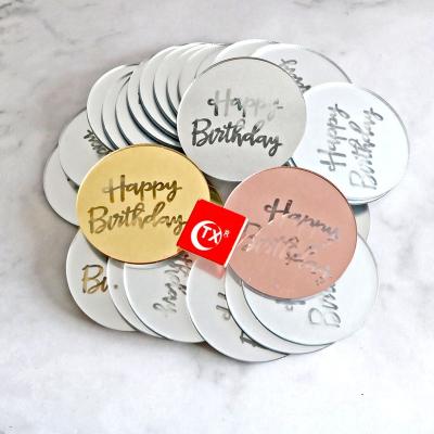 China ACRYLIC Topper Happy Decor For Dessert Gift Box Laser Mark Shiny Gold Mirror Disc Cupcake Charm Cakesicle Pop Disc From TX Birtrhday for sale