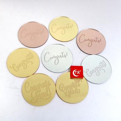 China Baker Mirrored Topper Congratulations ACRYLIC Custom Graduation TX Gold Disc Cupcake Topper Mirror Cake Charm Engraved Sentiment Discs for sale