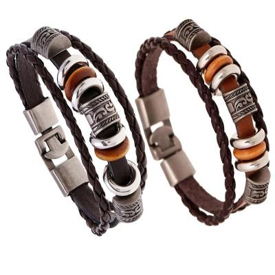 China Punk Vintage Leather Braided Bracelet Beaded Clasp Multilayer Bracelet Couple Wrap Casual Leather Bracelet for sale