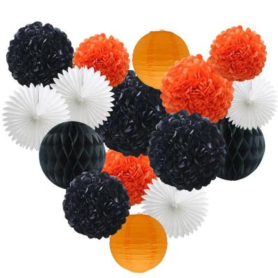 China Hanging Decoations Hanging Halloween Decoration for Party Set Orange White Black Paper Lanterns Pom Poms Honeycombs Fans for sale