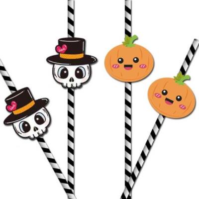 China Disposable Halloween Party Supplies Biodegradable Paper Drinking Straws Candy Halloween Pattern Sticks for sale