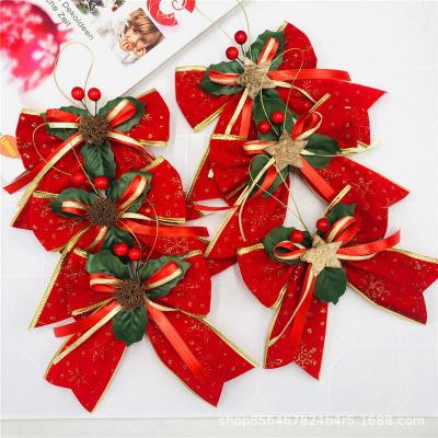 China FABRIC 15CM Red Christmas Bow Ornaments Christmas Ribbon Bow With Red Berry Green Leaf For Christmas Tree Topper Outdoor Decorations for sale