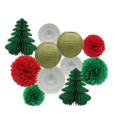 China Europe Christmas new year white gold party decoration red green set of hanging paper fans honeycombs paper lanterns for sale