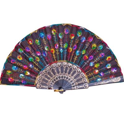 China Foldable Plastic Spanish Style Sequin Hand Embroidered Fans For Wedding Gifts Dance Party Supplies for sale