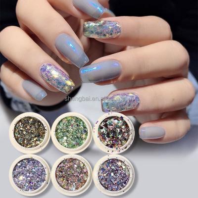 China Easy Apply OM 6 Pcs/Set Glitter Laser Mirror Glitter Laser Design Nail Art Decoration Shining Nail Acrylic Powder for sale