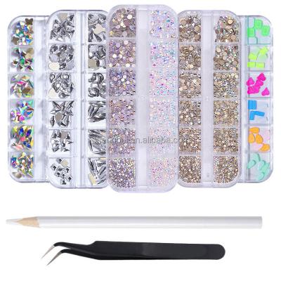 China Easy Apply OM Boxed 3D Colorful Nail Art Decoration Ornament Jewelry Mixed Shape AB Crystal Glass Nail Rhinestones for sale