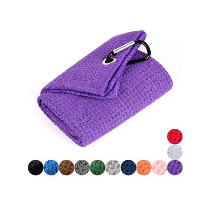 China Custom Golf Logo Embroidered Purple Micro Fiber Waffle Weave Golf Towel Hook for sale