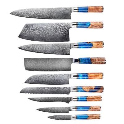 China Viable Professional 9pcs VG10 Stainless Steel With Blue Resin Wood Handle Damascus Knife Chef Accessories for sale