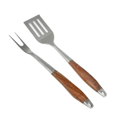 China Amazon Sales 2pcs Easily Cleaned Stainless Steel Hot Fork and Turner GRILL GRILLING Tools with Rosewood Handle for sale