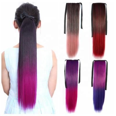 China 22 Inch Long Straight Ombre Color Wrap Around Silky Straight Synthetic Clip In Ponytail Hair Extension Wig for sale