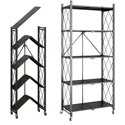 China Multifunctional Floor Metal Home Kitchen Storage Folding Shelf Rack Without Installation Viable for sale