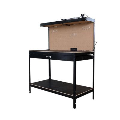 China Hotels Black Storage Tool Steel Frame Worktable Workbench Workbench With Drawer And LED Light for sale