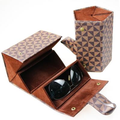 China Sunglasses Orgnaizer Brown PU Plaid Leather Glasses Organizer Four or Five Sunglasses Holder Rectangle Pentagon Folding Spectacle Cases for sale