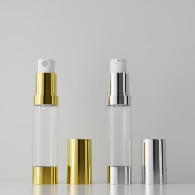 China 10ml 15ml 20ml 30ml Gold Cosmetic Plastic Sample Sliver Packaging Airless Skin Care Lotion Bottle Perfume Spray Pump Bottle for sale