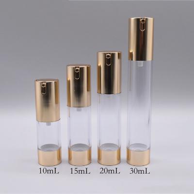 China 10ml 15ml 20ml 30ml Cosmetic Bottle Gold Silver Color Sreum Lotion Clear Plastic Airless Refillable Pump Bottle Cosmetic Packaging for sale