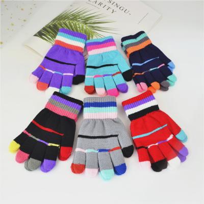 China Polyester/Cotton Kids Brushed Five-finger Gloves Fashion Autumn And Winter Striped Thermal Knitting Fleece Lined Gloves for sale