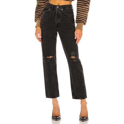 China Breathable Cut Out Rip Cut Jeans Pants For Woman In Black for sale