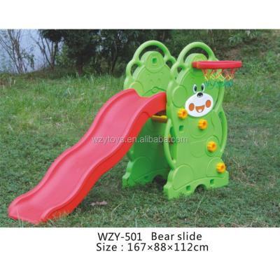 China Indoor Plastic PE Bear Kids Slide With Basketball Hoop for sale